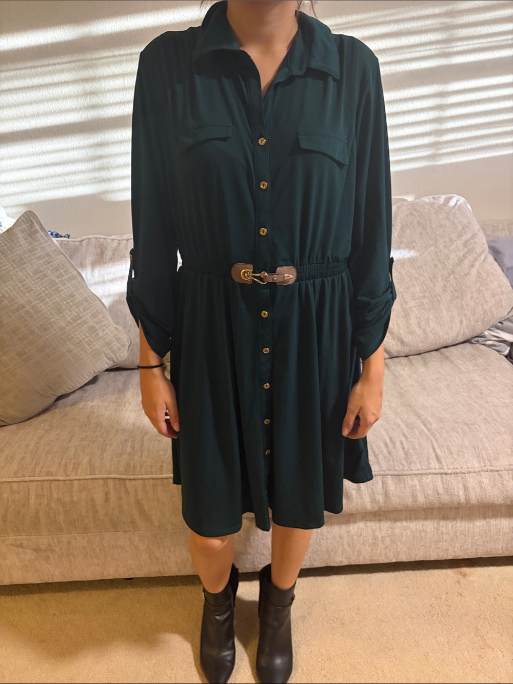 Button-Front Long Sleeve Dress in Dark Green with Belt